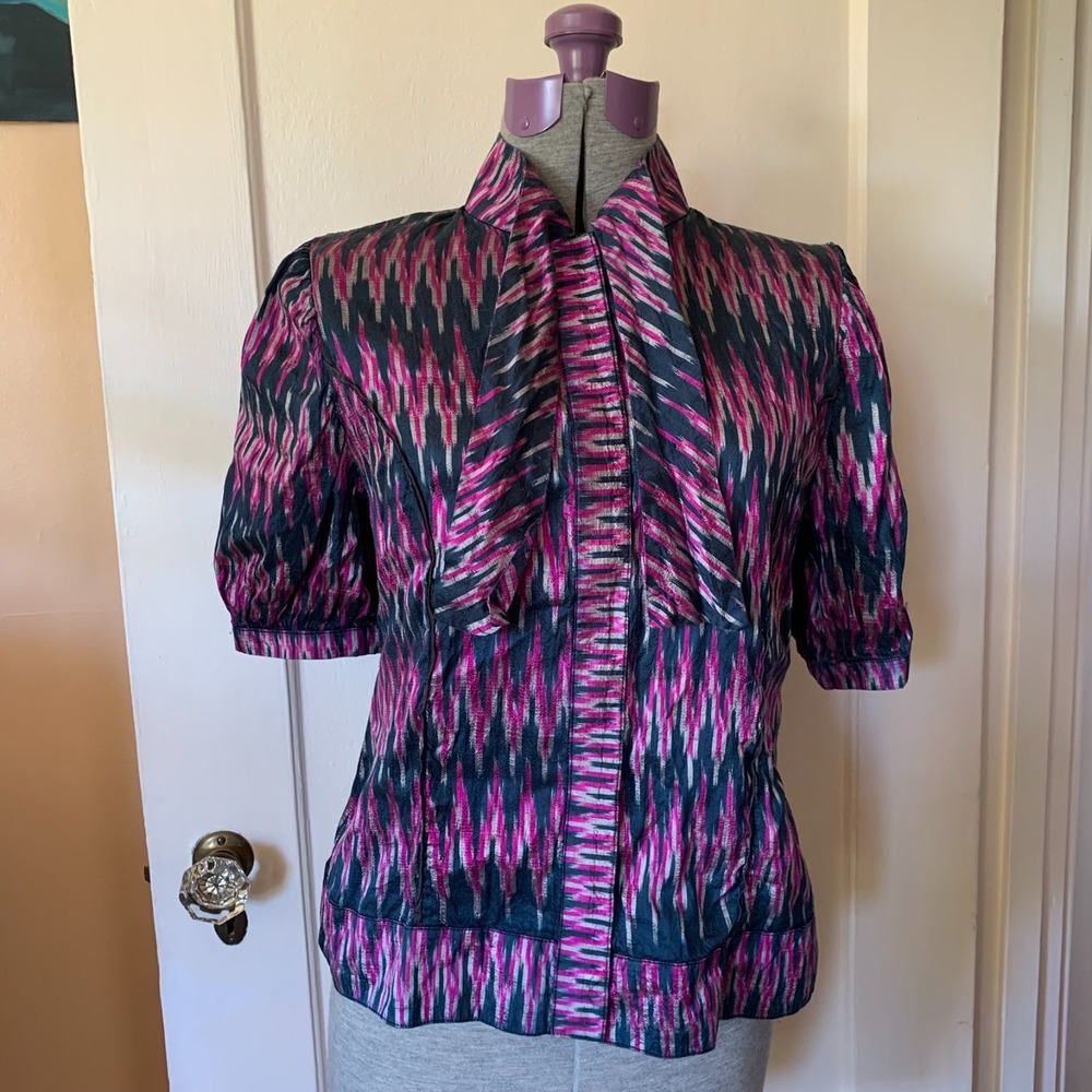 Vintage Ikat Silk Dupioni Tie Neck Puff Sleeve Blouse Pink Black Tailored Top